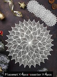 8入組/套中空花紋pvc餐墊(4入)和杯墊(4入),可清洗,易於清潔,可擦拭,防滑,耐熱,適用於假日、婚禮、派對和節日餐桌裝飾