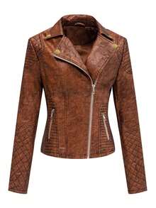 Áo khoác da giả ngắn kiểu biker dành cho nữ của Giolshon - Thiết kế khóa kéo bất đối xứng, phong cách đường phố thời trang để mặc nhiều lớp. - Màu Cam cháy - Xem 9