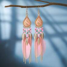 Long Bohemian Style Feather Shaped Women's Earrings, With Multiple Colors Paired With Tassel  Women's Earrings, Fashionable Daily Wear Jewelry Accessories, Suitable For Retro Accessories For Parties And Holidays, And Gifts For Anniversari - 1對 - 查看 1