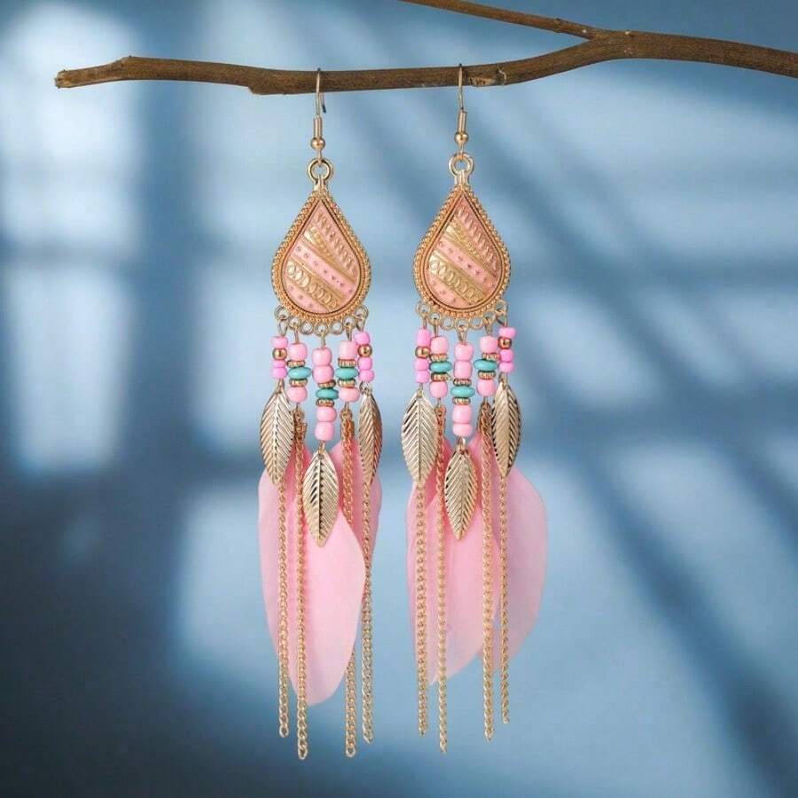 Long Bohemian Style Feather Shaped Women's Earrings, With Multiple Colors Paired With Tassel  Women's Earrings, Fashionable Daily Wear Jewelry Accessories, Suitable For Retro Accessories For Parties And Holidays, And Gifts For Anniversari - 1對 - 查看 1