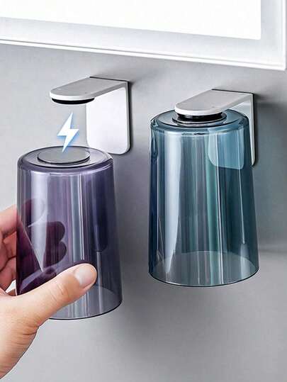 1 pieza Soporte de pared colgante para cepillo de dientes con taza de succión magnética y asa, taza transparente para el baño