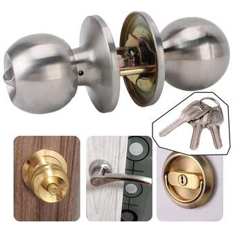 새틴 스테인리스 스틸 키가 있는 출입구 손잡이 (잠금 장치 포함) - 실내 및 실외 사용을 위한 표준 볼 디자인, 개인 정보 보호 기능