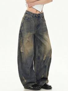 1条复古做旧拼接筒腿牛仔裤，休闲宽松嘻哈风男士牛仔裤