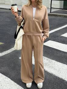 女装卫衣两件套秋冬休闲通勤街头立领开衫外套宽松阔腿直筒裤套装 - 卡其色 - 查看 9