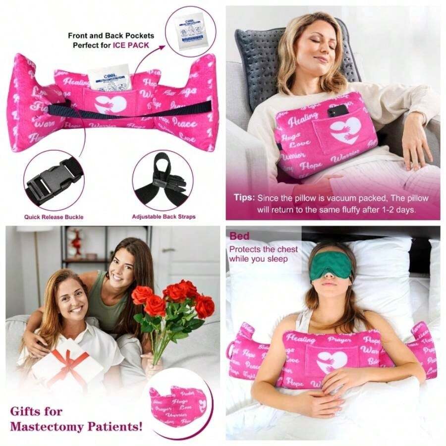 Almohada para mastectoma u2013 Almohada postoperatoria, regalo para mujeres despus de la ciruga, almohada para reduccin de senos, masectoma, recuperacin de pacientes, proteccin del cinturn de - Flor rosa + 38"x 9"x 5" - Ver 1