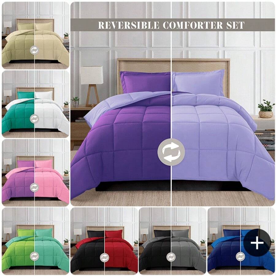 Elegant Comfort All Season Ultra Soft 3pcs Reversible Diamond Stitched Comforter Set, Down Alternative Breathable And Comfortable Quilt Luxury Hotel Quality 3 Piece Full/Queen, King/California King And Twin/Twin XL Size Bed Includes 1 Comforter And 2 Pillowcases Bedding Set, Christmas Decorations Gifts, Cozy Winter Styles, Holiday Décor - 淡紫色/紫色 - 查看 1