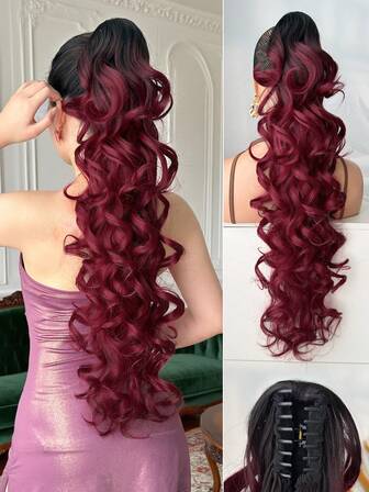 爪形马尾假发，渐变红色，28英寸深波浪耐热纤维合成马尾假发，适合女性圣诞节、万圣节派对和日常佩戴。