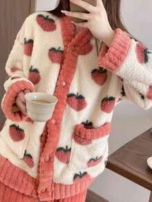 2pcs/Set Coral Fleece Pajama Set, Warm & Cozy Winter Sleepwear, Plush Soft Loungewear, Two Pieces Set Outfits, Fall Winter Clothes