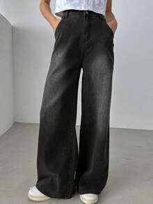 Teen Girls' Casual Fashion Street Style Loose Fit Wide Leg Jeans, Versatile For Daily Wear And Commute, Y2K Aesthetic - Black - View 2