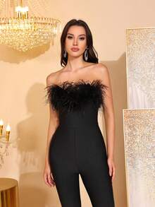 Mono de trompeta con hombro descubierto y espalda descubierta, de ajuste ceñido, con plumas falsas negras, nuevo y sexy, para mujer, para ocasiones casuales, vacaciones, fiestas de cumpleaños - Negro - Ver 7