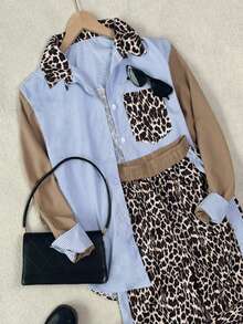 Bộ đồ nữ thu đông thời trang thường ngày thoải mái kẻ sọc xanh và họa tiết da báo phối màu tương phản, áo tay dài cổ bẻ dáng rộng và quần ống rộng, set hai mảnh may sẵn, quần áo mùa thu cho nữ, quần áo mùa đông cho nữ, mùa xuân. - Nhiều màu - Xem 8