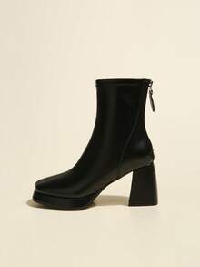 2025 秋冬新款女式简约高跟靴，8厘米防水台，防水台，复古风格，黑色，方头，后拉链，橡胶鞋底，优雅的PU材质 - 黑色 - 查看 17