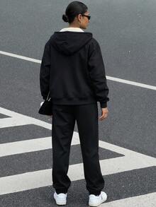 1 Set Women's Thermal Lined Sports Suit, Hooded Sweatshirt Fleece Sweatshirt + Thermal Lined Warm Sports Pants, Suitable For Outdoor Sports & Leisure In Winter - Black - View 4