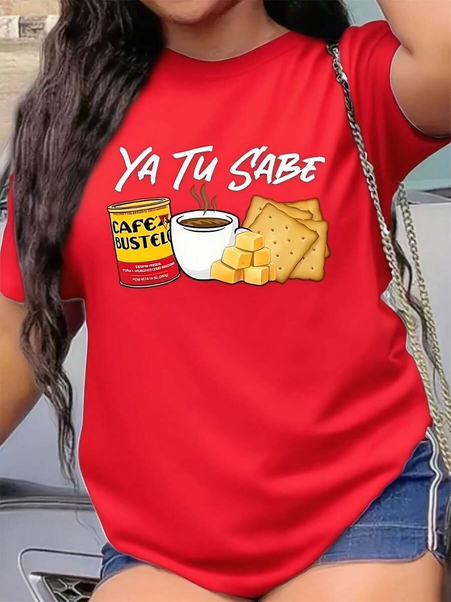 Camiseta de Manga Corta con Estampado "Ya Tu Sabe" Café y Galleta, Llena de Personalidad y Estilo Moderno, Cuello Redondo Casual para Primavera/Verano