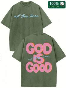 250g Heavyweight Washed Cotton Crew Neck T-Shirt - GOD IS GOOD Double-Sided Vintage Distressed Graphic, Unisex Oversized Loose Fit Casual Streetwear, Brown With Pink & Blue Lettering For Men & Women, Spring Summer Casual Attire, Easter & Festival Outfits - 軍綠色 - 查看 12
