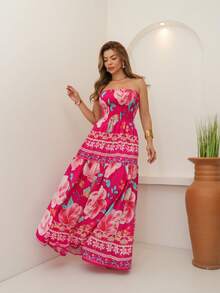 ARCO IRIS Long Strapless Dress In Plain Viscose, Printed, Barrato 36-42 With Lastex, Casual, Elegant, Feminine For Versatile And Comfortable Looks - 粉色 - 查看 3