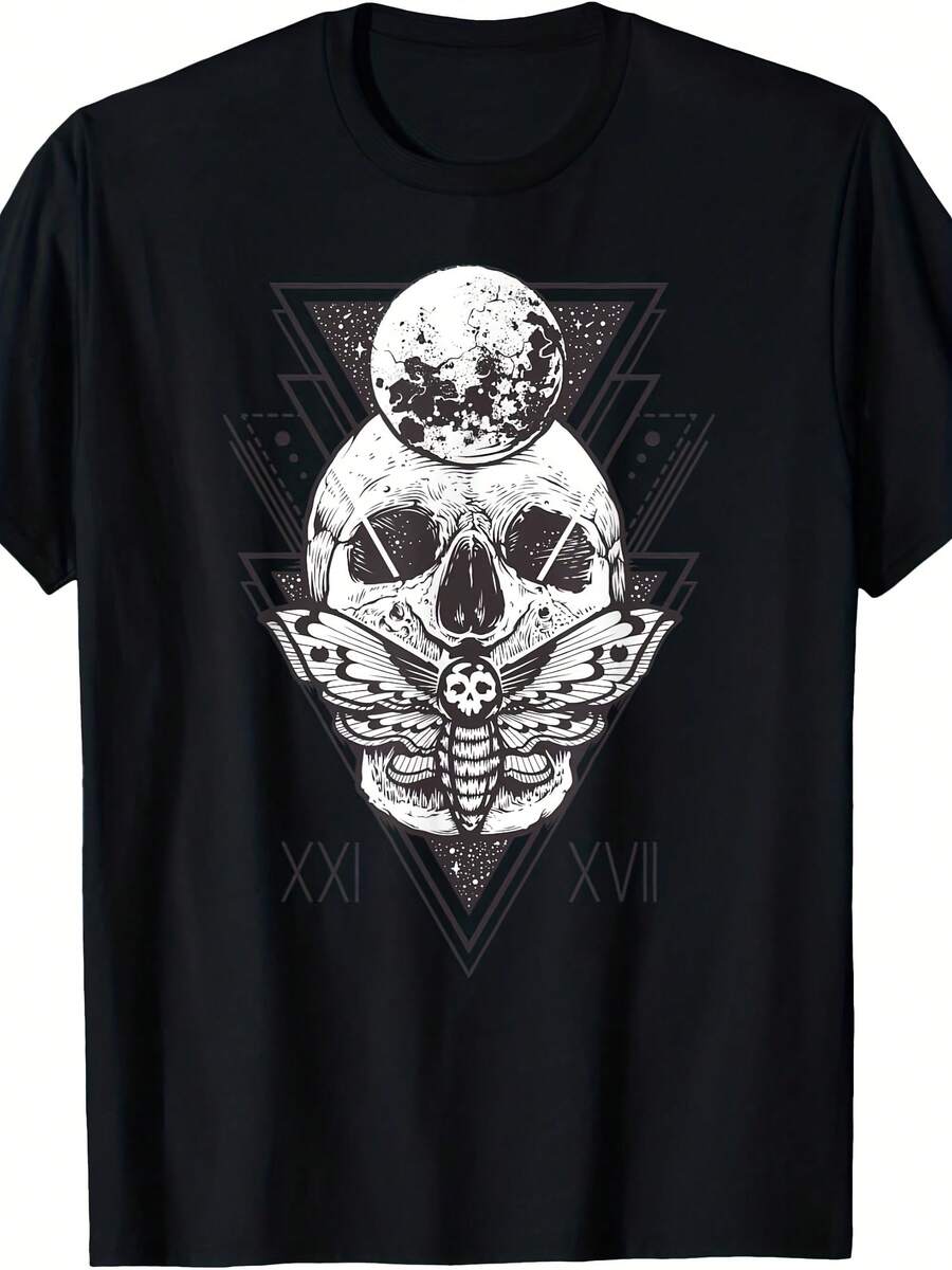 S Skull Deaths Head Moth Sacred Geometry With Moon Graphic Tee T-Shirt - 款式20 - 查看 1
