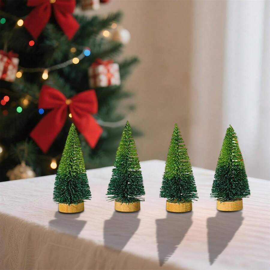 4 Pcs Mini Christmas Tree Ornaments With Wooden Bases Creative Tree Tabletop Decoration For Party Home Decor - Green - View 1