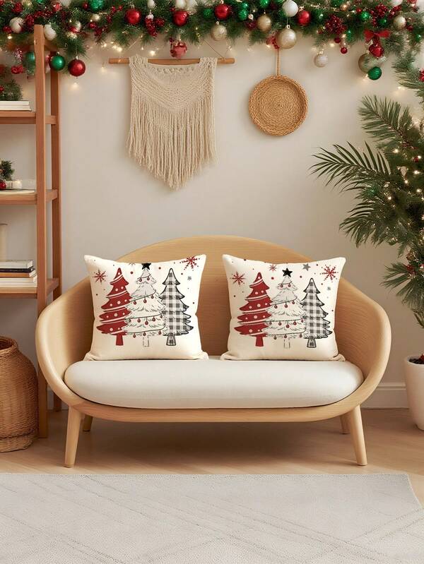 Capa de almofada decorativa de Natal com 2 peças, pinheiros frios cobertos com luzes coloridas, adequada para sofá, quarto, sala de estar, carro, escritório, café
