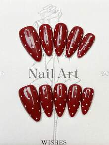 10片手工杏仁形美甲贴片，中号，简约红色美甲，白色波点，纯色，简约优雅的手工秋季美甲，秋季美甲贴片，圣诞美甲，Y2K风格节日美甲，派对美甲，日常约会美甲，海滩热带度假美甲适用，DIY假指甲，适合女性和女孩作为礼物，美甲用品，手工美甲贴片 - 紅色 - 查看 10