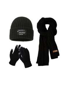 3pcs/Set Slogan Acrylic Beanie Hat, Scarf And Gloves Set, Warm Thick Knit Oversized Headband, Fashion Accessories For Autumn/Winter Winter Gear