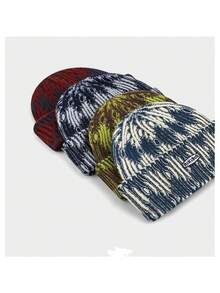 Korean Style Fashion Tie-Dye Color-Block Handmade Knitted Hat For Men And Women, Autumn And Winter Warm Rolled Edge Cold Hat, Ear Protection Pullover Knit Hat,  Suitable For Couples To Wear In Autumn And Winter - 酒紅色 - 查看 2