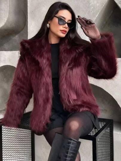 Abrigo de piel para mujer, chaqueta corta de aviador en borgoña de felpa, abrigo sólido de manga larga y entallado para invierno
