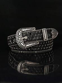 A Men's Multicolor Punk Y2K Denim Rock Laser Rhinestone-Embedded Belt, Suitable For Daily Wear - màu đen - Xem 1