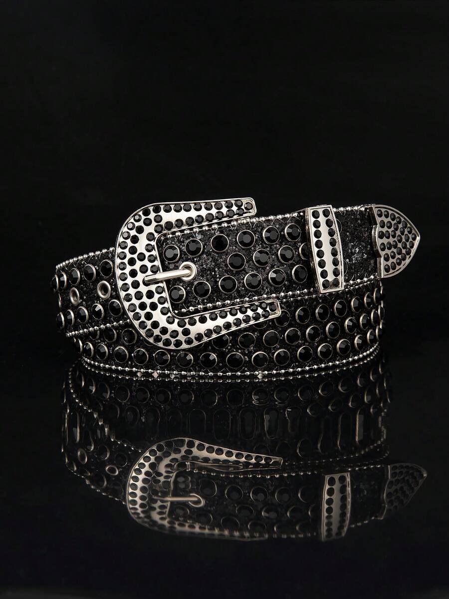 A Men's Multicolor Punk Y2K Denim Rock Laser Rhinestone-Embedded Belt, Suitable For Daily Wear - màu đen - Xem 1