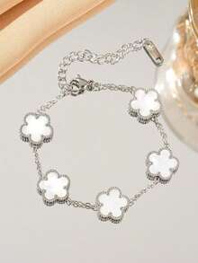 1pc Stainless Steel Clover Flower Bracelet For Women, Versatile & Elegant Daily Fashion Accessory - Five-leaf Clover Steel Bracelet - View 4