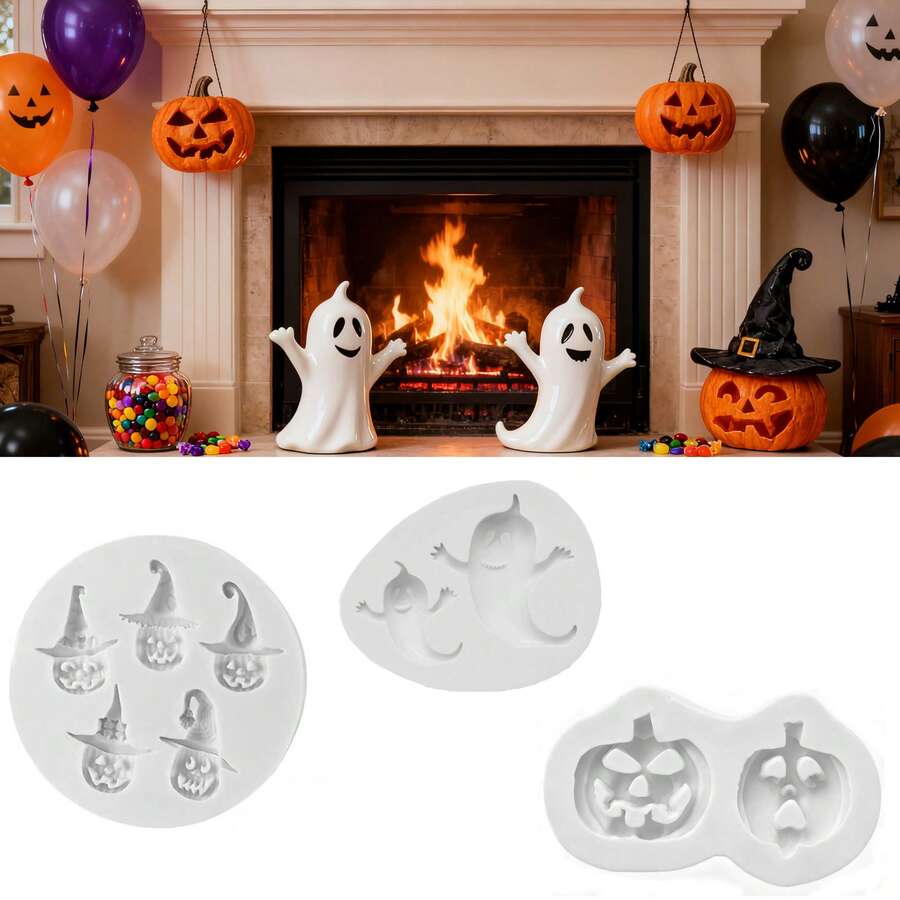 1 pieza Molde de silicona con diseño de calabaza y fantasma de Halloween, herramienta para decorar pasteles con fondant, molde de silicona para caramelos, magdalenas, chocolate, accesorios de cocina para hornear - Gris Claro - Ver 1