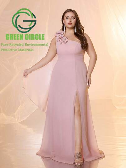 UNITHORSE Asymmetric Sleeveless Luxurious 3D Floral Decor Waist Cinched Flared Hem Split Dress, Elegant Gown