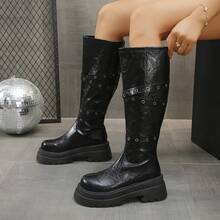 Retro Thick Sole Casual Chic Mila Rad Style 2025 Winter New Women's Tall Boots, Round Toe Buckle Decor, Suitable For Coats, Height Increasing, Slimming, Fashion Boots - Black - View 9