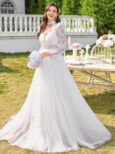  UNITHORSE Tyg Diamantkrage Topp Spets Broderad Mesh Skarv Vit Bröllopsklänning Elegant Aftonklänning Damklänning