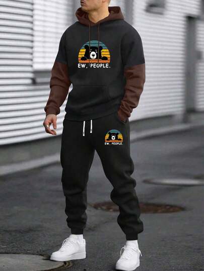 Traje de hombre de primavera y otoño con nueva estampa de panda y monograma, sudadera con capucha de manga larga con bolsillos y pantalones con cintura elástica y cordón, cómodo y versátil conjunto de dos piezas para hombre