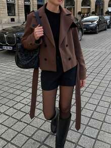 Áo khoác ngắn ve hai hàng khuy đơn sắc màu tối thanh lịch dành cho nữ, thích hợp mặc hàng ngày, đi làm, giải trí tại nhà, trở lại trường học và các dịp khác - màu nâu - Xem 4