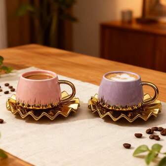 2pcs Ceramic Coffee/Tea Cup & Saucer Set, Electroplated Gold, White, Purple, Brown Colors, 90ml Cup