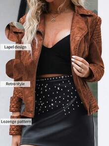 Áo khoác da giả ngắn kiểu biker dành cho nữ của Giolshon - Thiết kế khóa kéo bất đối xứng, phong cách đường phố thời trang để mặc nhiều lớp. - Màu Cam cháy - Xem 6