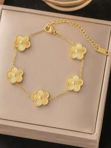 1pc Stainless Steel 5-Leaf Clover Elegant Bracelet, Versatile For Women To Wear Daily, Dates, Parties - Gold Clover Bracelet - View 4