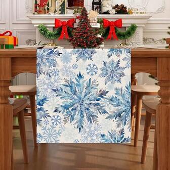 A Set Of Linen Table Runner With Christmas Theme, Featuring Blue And White Color Scheme, Blue And White Snowflake Design, Embellished With Pine Branch Pattern, Polyester Rectangular Tablecloth For Christmas Decoration, Suitable For Rural Holiday Decoration