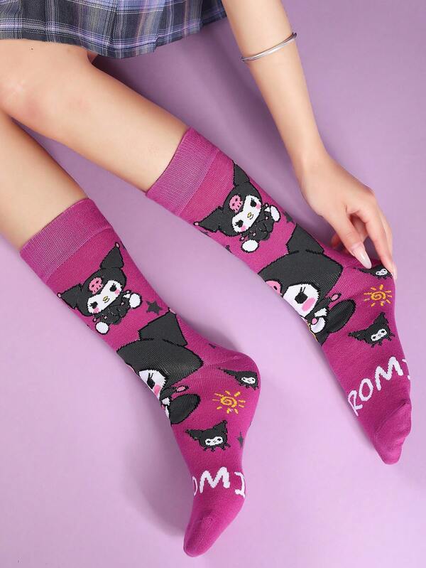 Sanrio 1 Pair High-Quality Kuromi Cartoon Mid-Calf Socks, Fun & Cute, Comfortable Socks Suitable For Easter/Birthday/Thanksgiving/Halloween/Christmas/Carnival/Valentine's Day/Party Gifts