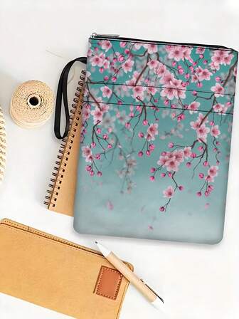 1 件樱花印花拉链书套、平装书保护套、平装书封套、书套、书套、书袋、带前袋的印花书套袋、多功能书籍收纳袋，适合学生、教师、书籍爱好者、圣经爱好者