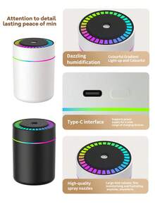 1pc 180ml Capacity Mini Car Humidifier With Romantic Color Night Light. Large Mist Output, Quiet Operation, Auto Timing, 2 Working Modes. Compatible With Essential Oils (6 Scents Available). Set Includes 1 Humidifier And 1 Bottle Of Essential Oil. Suitable For Car, Office, Bedroom, Living Room, Study, And Plant Room.