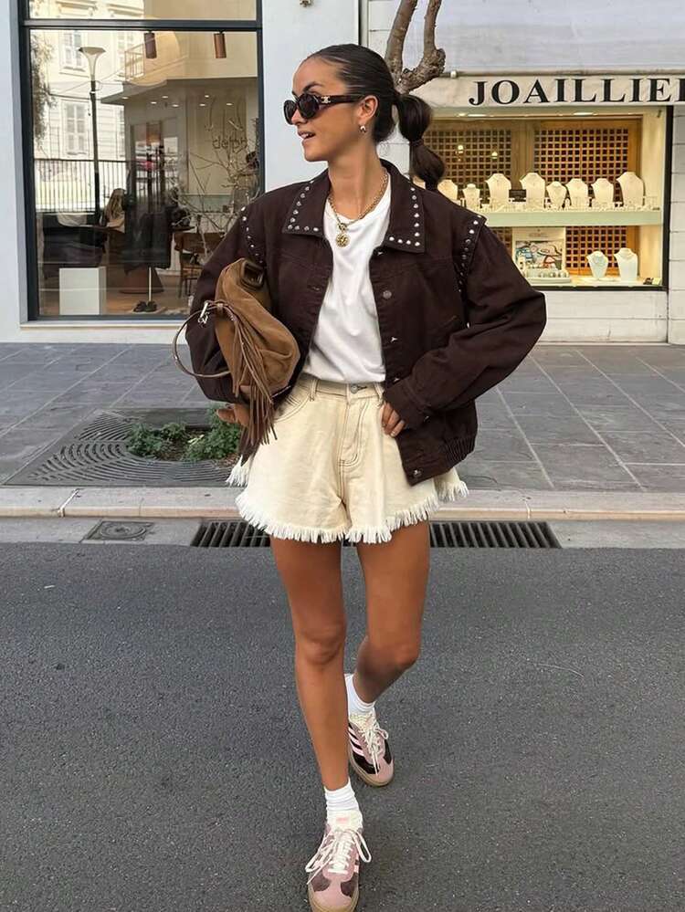 ジャケット・アウター DIANTE SHAGGY LOOSE JACKET +WRAP SHORTS Women's New Pilot Style Loose Vintage Jacket With Pockets, Long