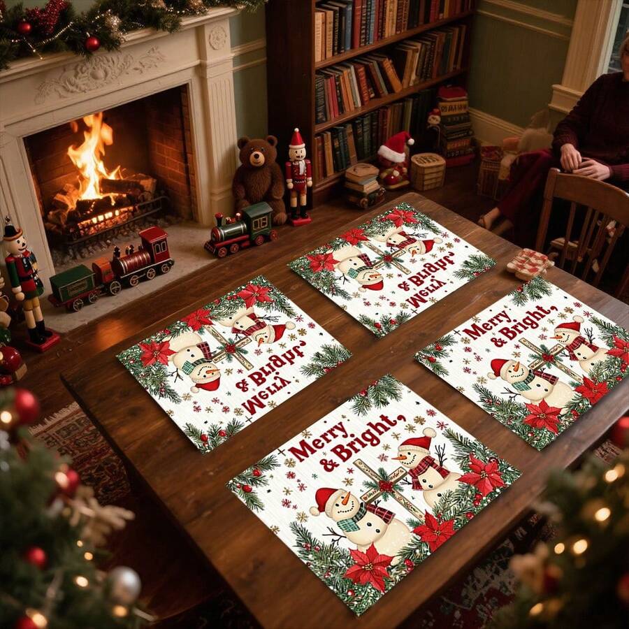 1 set/1 pièce/4 pièces/6 pièces Dessous de plat motif bonhomme de neige et baies de houx, dessous de plat rectangulaires en polyester lavables en machine, protège-table, dessous de plat isolants, décorations de table de restaurant, fournitures de fête, décorations de Noël pouvant tous être offerts en cadeau