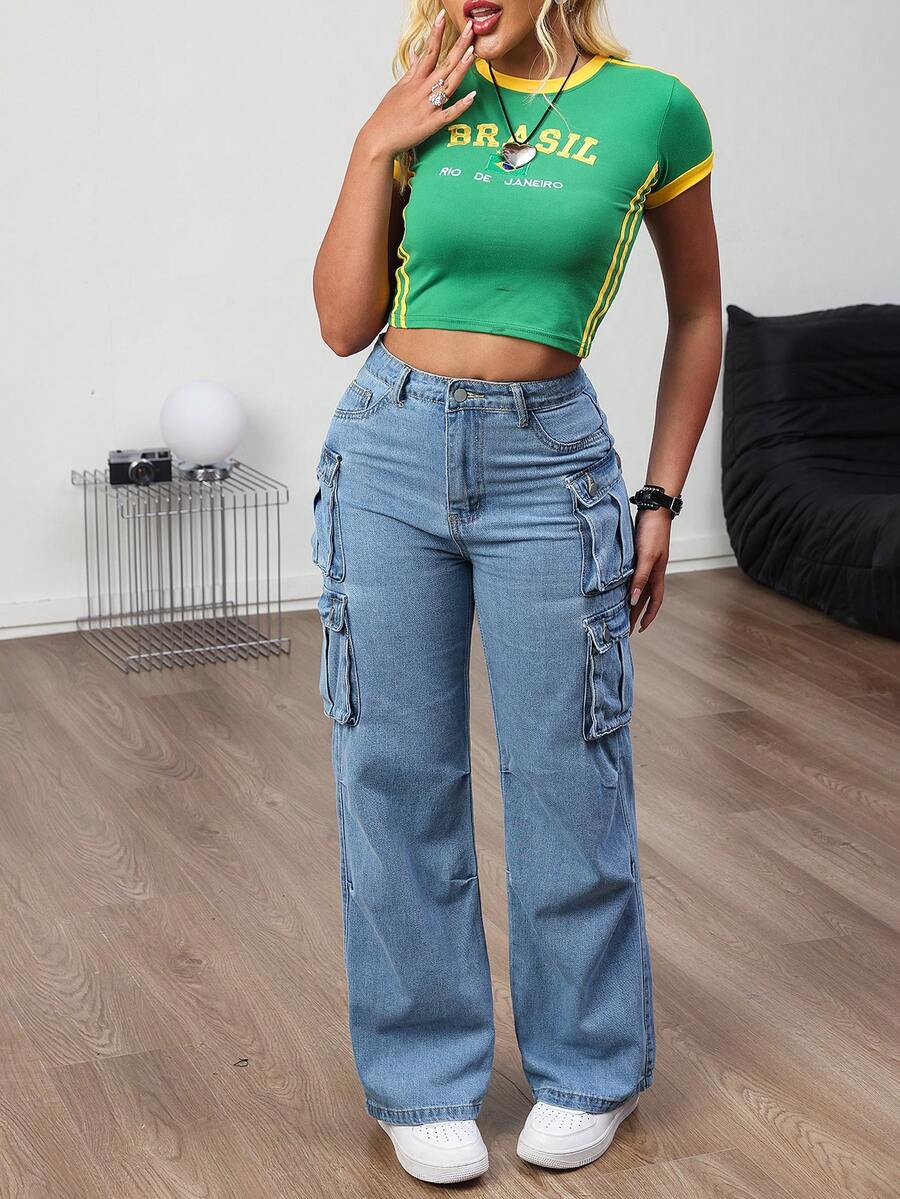 Fall Winter Multiple Pockets Cargo Denim Pants For Women Straight Leg Jeans For Street Fashion And Casual Style - 淺色水洗藍 - 查看 1