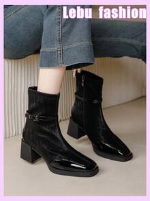 Qiluyuan Women's Fashion Ankle Boots, Short Boots For Autumn/Winter, New French Elegant Personalized Western Style With Buckle & Side Zipper, Suitable For Holiday Party, Christmas, Valentine's Day, Date, Casual, Office, Square Toe Block Heel Leather Strap Decor Ankle Booties, Wine Red, Black - Black - View 1