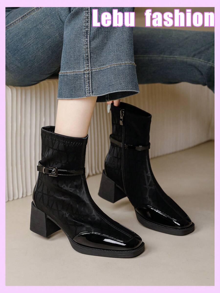 Qiluyuan Women's Fashion Ankle Boots, Short Boots For Autumn/Winter, New French Elegant Personalized Western Style With Buckle & Side Zipper, Suitable For Holiday Party, Christmas, Valentine's Day, Date, Casual, Office, Square Toe Block Heel Leather Strap Decor Ankle Booties, Wine Red, Black - Black - View 1