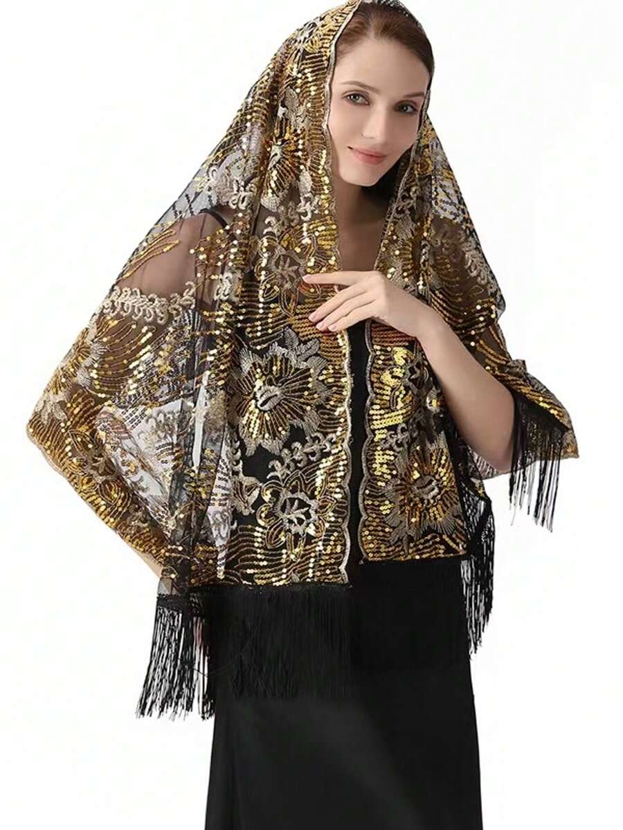 New Luxury Sequin Embroidered Tassel Shawl, Suitable For Wedding, Banquet, Ball, Party, Cheongsam, Floral & Paisley Print, Polyester, All Season