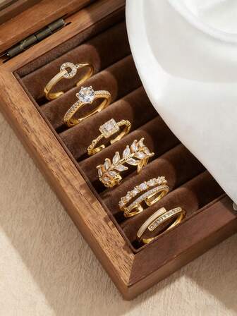 6 件套简约法式优雅奢华小众设计水晶叶贝壳交叉水钻戒指，适合女性日常和节日佩戴